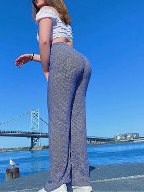 Blue Patterned Wide-Leg Pants for Women